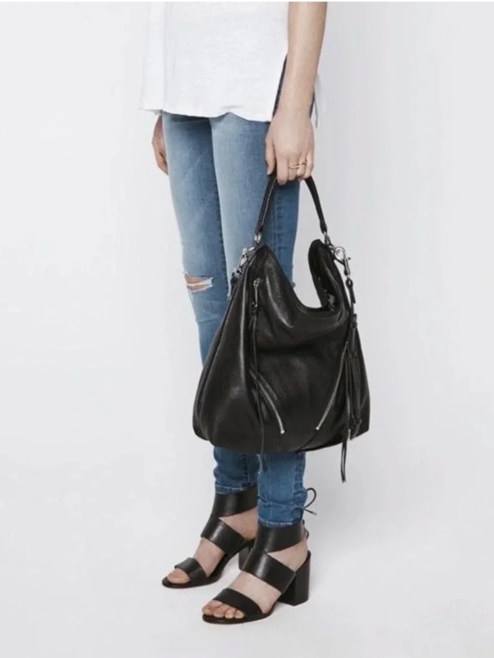 Rebecca Minkoff Moto Hobo Black Leather Bag with Zipper Accents